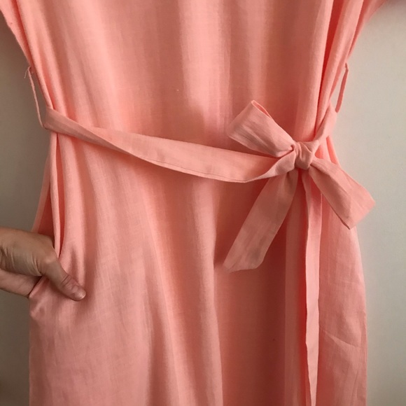 Peach Linen T-shirt Dress with Bow Tie and Pockets - Picture 3 of 4